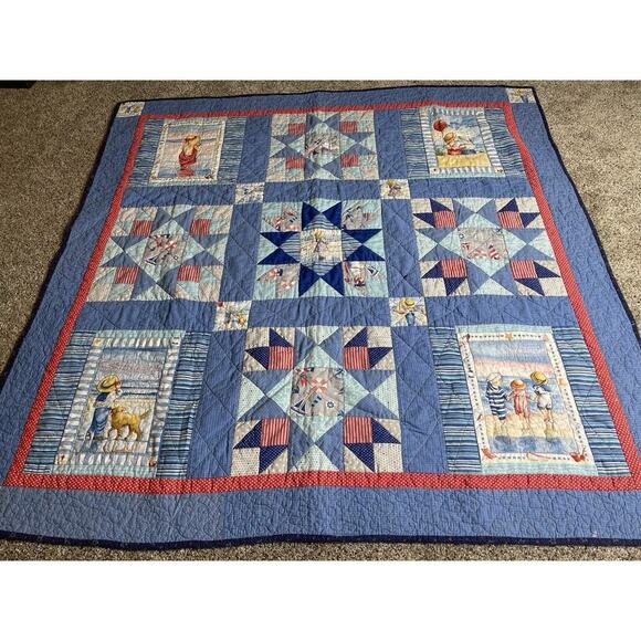 Vintage Sailboat Nautical Star Quilt Coastal Beachy Children Cottage 46in X 46 - Picture 1 of 8